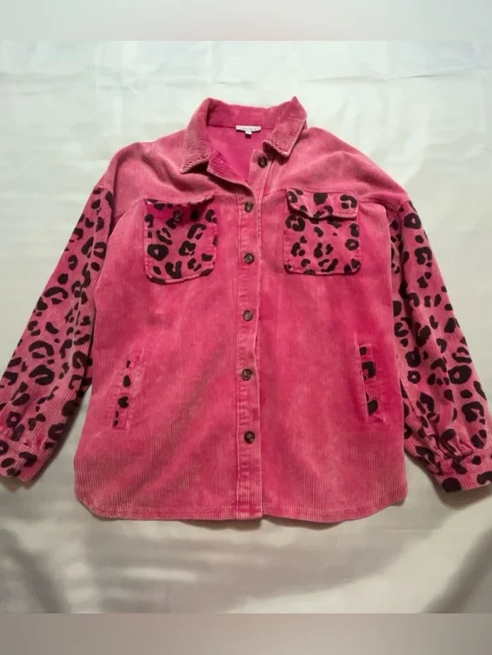 white birch Pink Corduroy Shacket with Leopard Print Sleeves - Picture 1 of 2